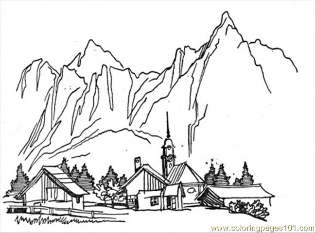 Coloring Pages Village In The Mountains (Natural World > Mountain