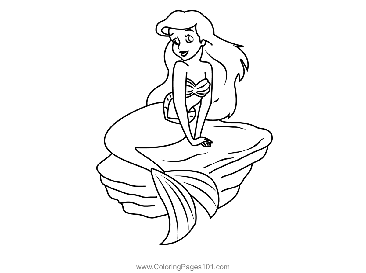 Ariel Sitting On Rock Coloring Page for Kids Free The Little Mermaid