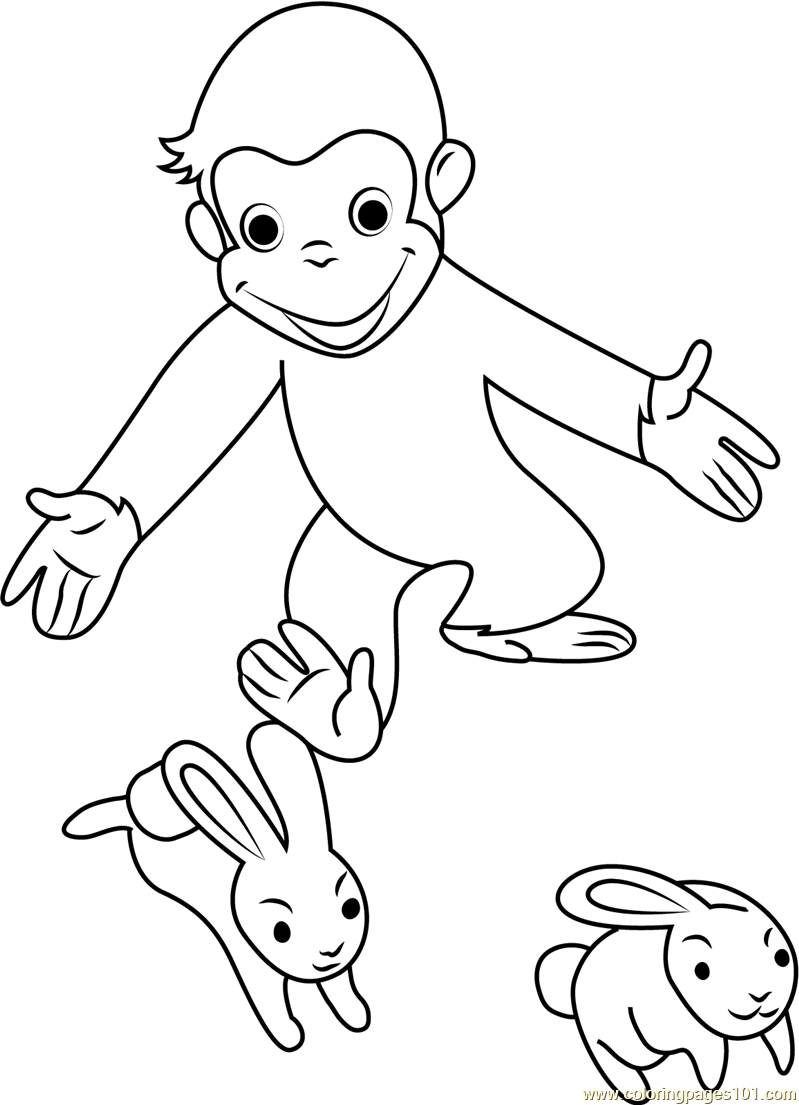 Curious George Playing with Rabbit Coloring Page for Kids - Free