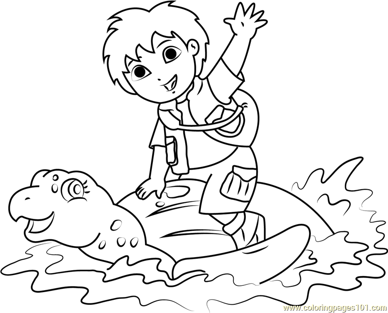 Diego Sitting on Tortoise Coloring Page for Kids - Free Go, Diego, Go ...