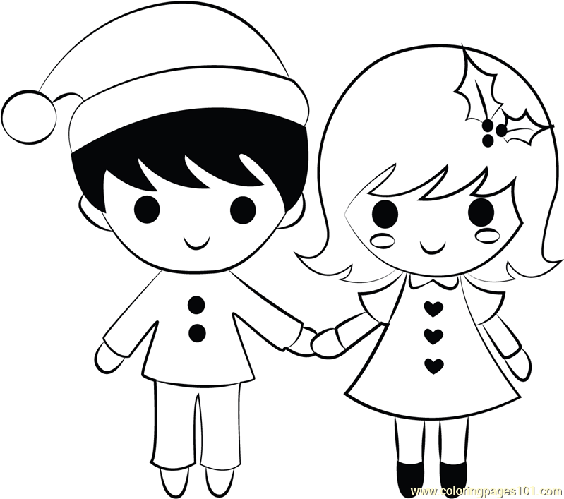 Boy and Girl on Xmas Coloring Page for Kids - Free Christmas Kids