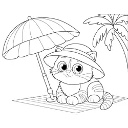 Cat on Beach under Umbrella Free Coloring Page for Kids