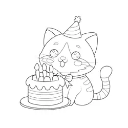 Cat with Birthday Cake Free Coloring Page for Kids