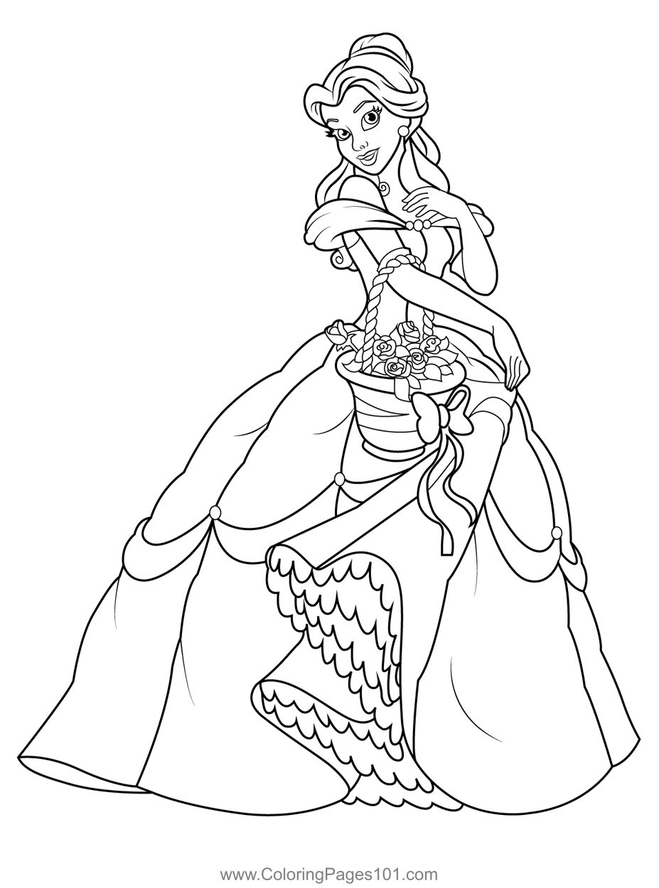 Belle with Flower Basket Coloring Page for Kids - Free Belle Printable ...