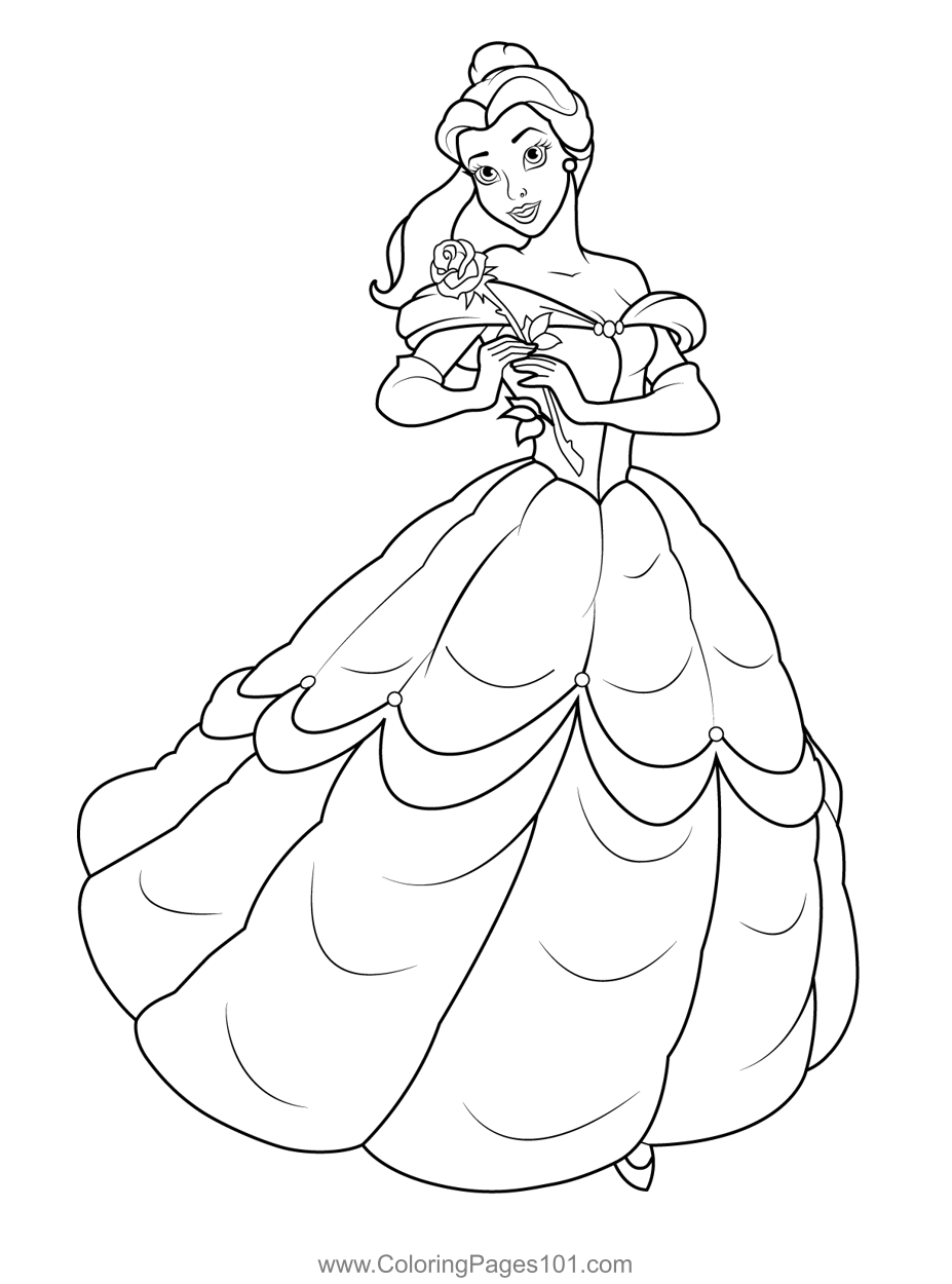 Princess Belle with Flower Coloring Page for Kids - Free Belle