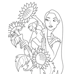Pocahontas with Sun Flowers Free Coloring Page for Kids