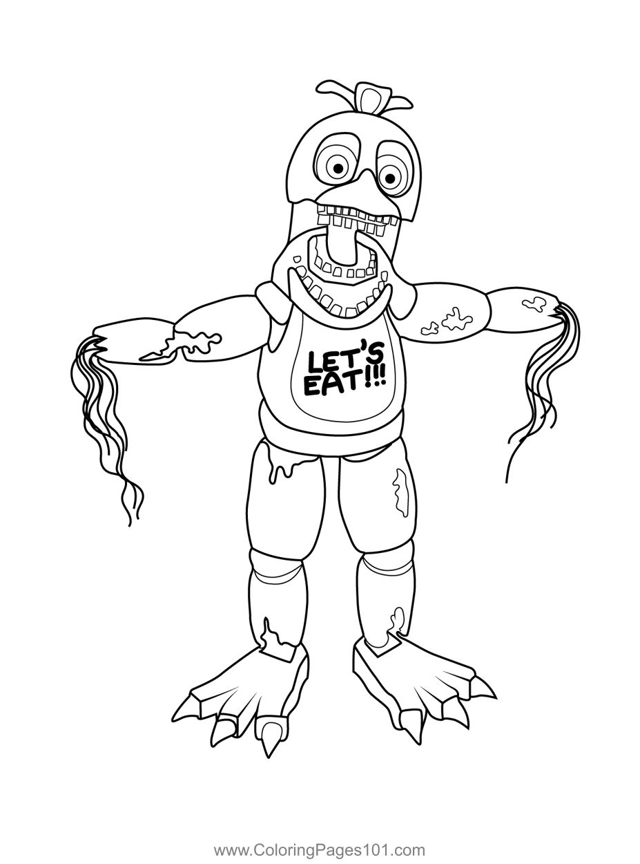 Withered Chica FNAF Coloring Page for Kids - Free Five Nights at Freddy